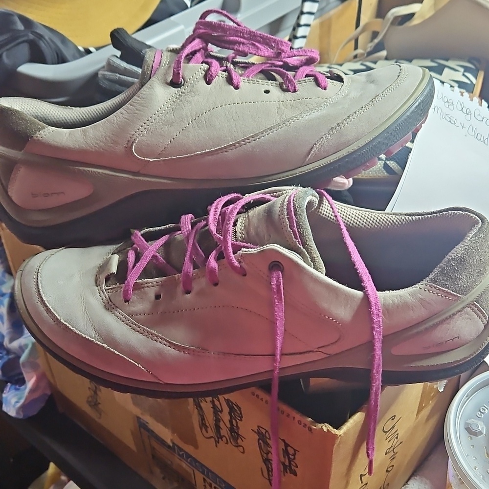 Ecco Biom Yak Natural Motion Shoe Size 10 Khaki With Purple Lace Up